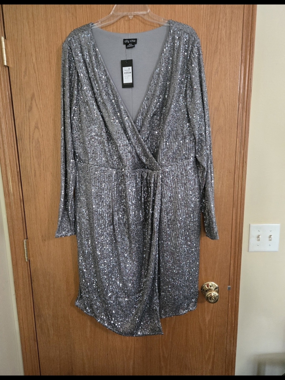 City Chic Silver Sequin Faux-Wrap Long Sleeve Dress